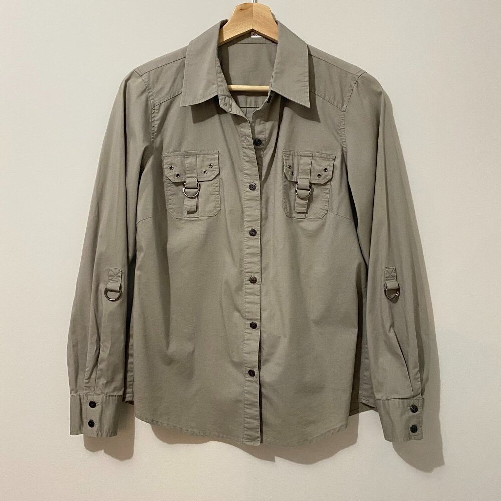 Vintage 90s Grey Button Down Shirt Metal Hardware Cargo Utility Grunge Y2K Fall